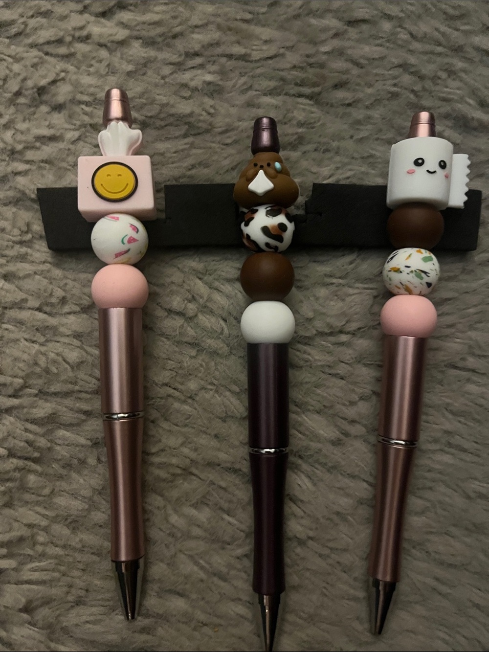 Cute Pink White, Brown Beaded Poo Poo Paper Tissue Pen Top Beaded Pens- Trio 53